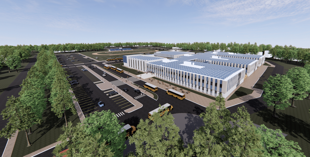 Exterior aerial generated photo of the proposed new high school building located off Pilgrim Parkway