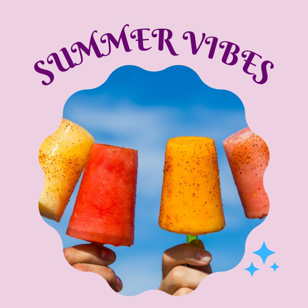 four frozen fruit pops, blue sky, Summer Vibes text