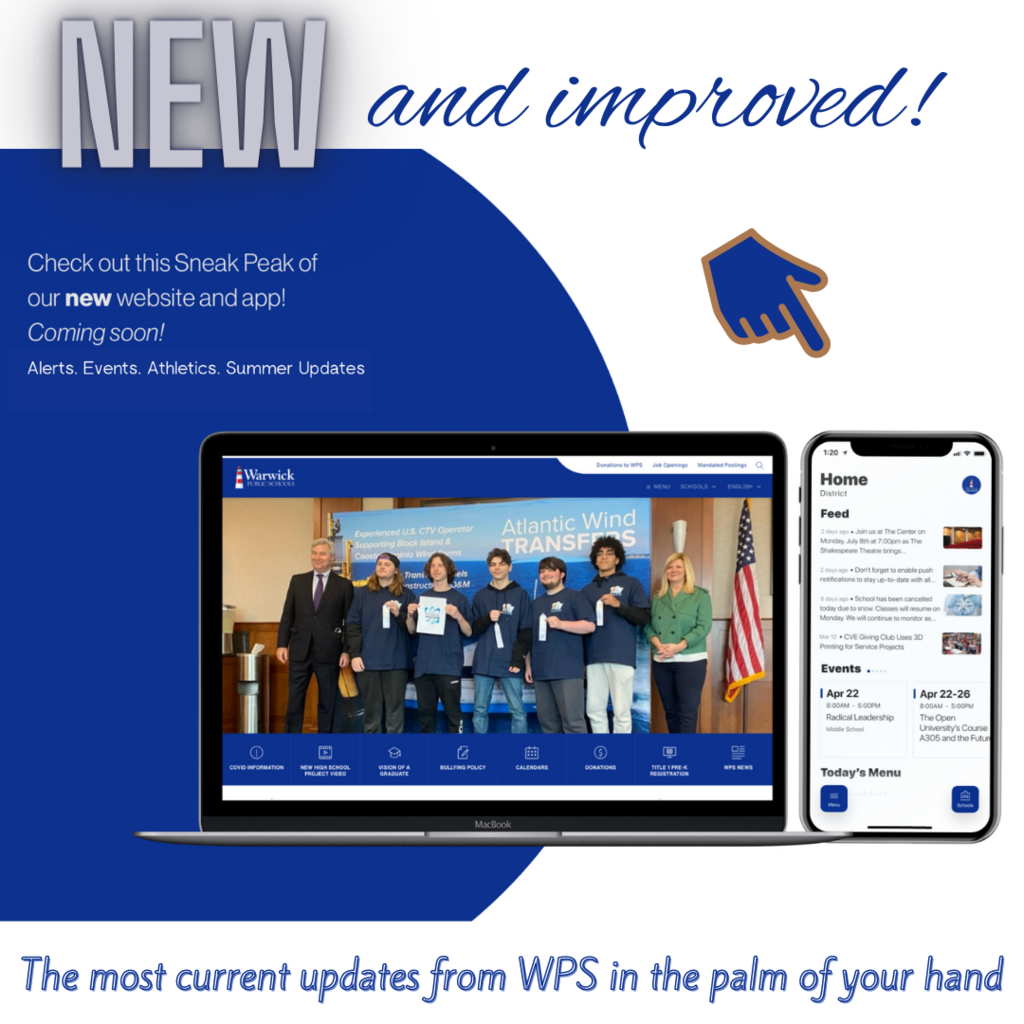 text; new and improved check out a sneak peek of our new website, updates from WPS right in your hand,  screenshot of website on tablet and cell phone