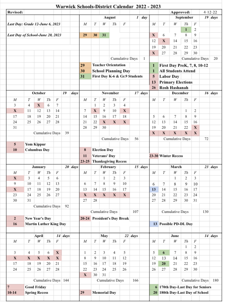 2022-23 Warwick schools district calendar 