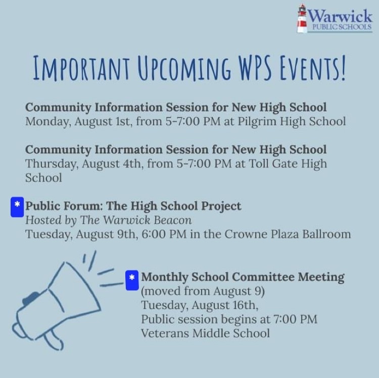 public forum at the crowne plaza 8/9 at 6pm, school committee meeting august 16th at 7 pm