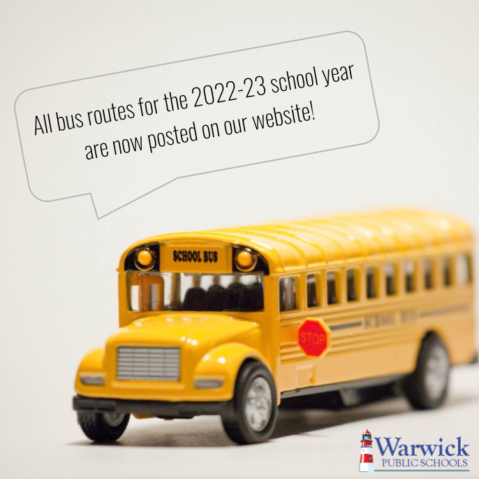 Toy school bus, test bubble with "all bus routes for the 2022-23 school year are now posted on our website"