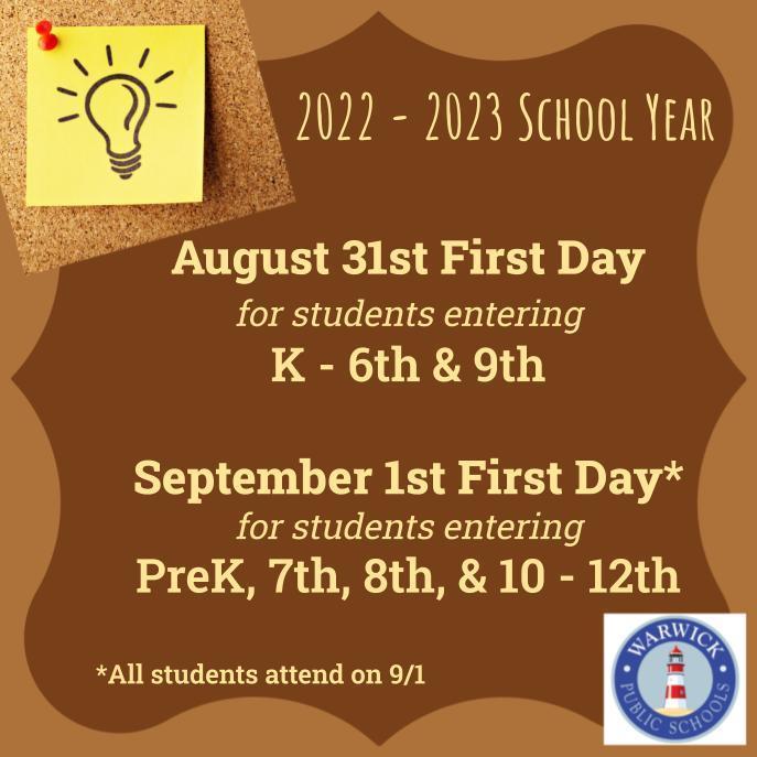 cork board, "2022-2023 school year, August 31st first day for students entering k-6th & 9th, September 1st first day for students entering prek,7th, 8th, 10-12th all students attend 9/1"