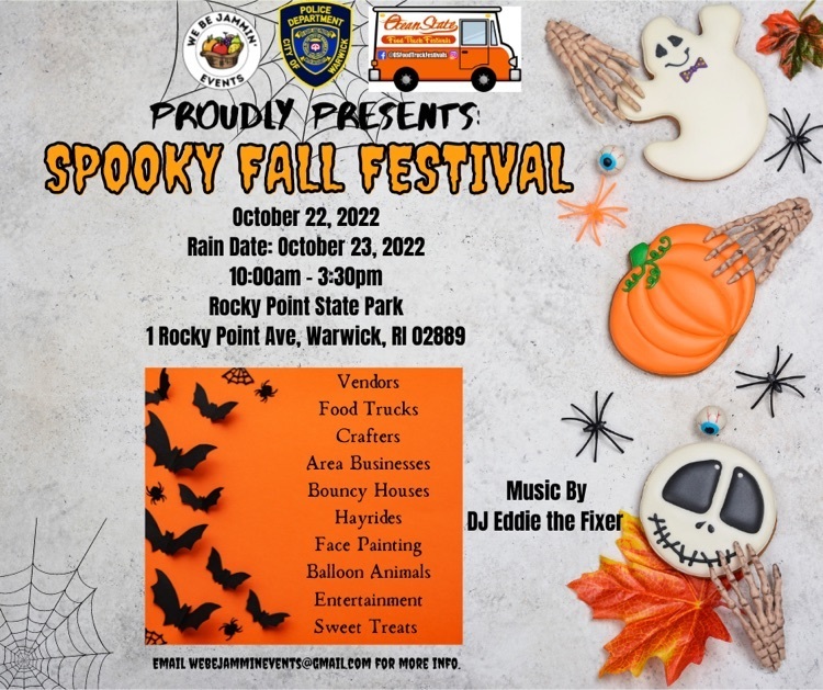 we be jamin and WPD proudly present spooky fall fest this Saturday 10/22 from 10 am until 3:30 pm at Rocky point park
