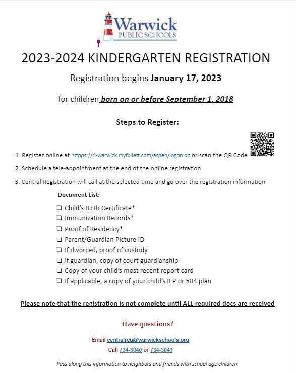 Kindergarten registration flyer visit https://ri-warwick.myfollett.com to start registration process after january 17th
