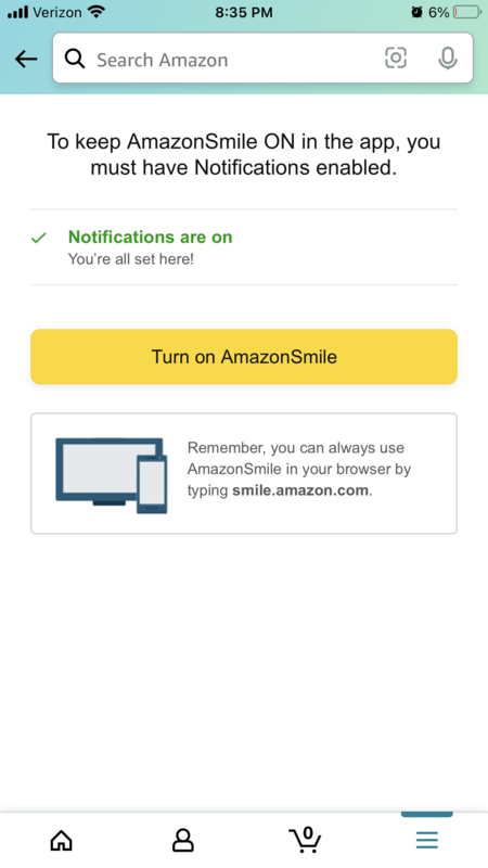 Click, "Turn on AmazonSmile."
